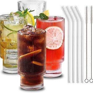 Ribbed Glass Cups 4pcs set with Glass Straw, Drinking Glasses 12 oz, Iced Coffee
